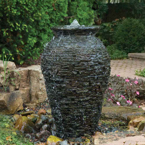 Aquascape Stacked Slate Urn Landscape Fountain -Medium Kit Installed View Product Image