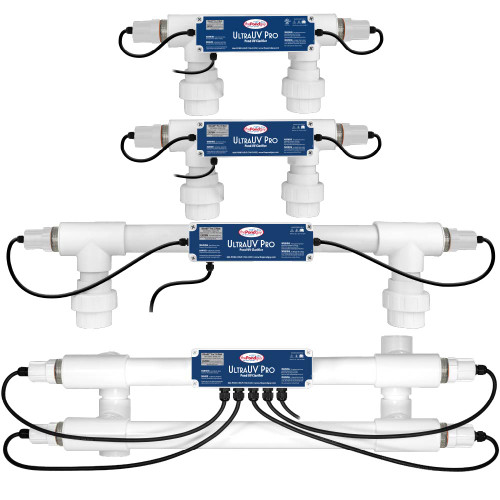 The Pond Guy UltraUV Pro pond clarifier models shown in multiple configurations, illustrating different unit sizes and plumbing layouts for green water control. View Product Image
