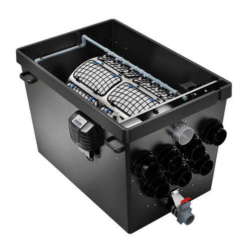 Oase ProfiClear Premium XL gravity-fed pond filter with rotary drum screen, multiple inlet ports, sludge drain and control unit for koi ponds View Product Image