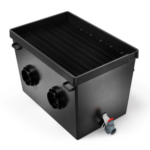 Oase ProfiClear Premium XL Pump-Fed Discharge Module with dual inlet ports, return outlets, and integrated sludge drain for modular pond systems. View Product Image