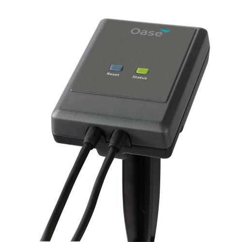 Close-up of OASE Garden Cloud Controller with reset and status buttons and dual connection cables for app-based pond system control. View Product Image