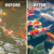 Koi swimming in a murky pond, labeled “Before”, juxtaposed with the same koi pond, now clean and clear, labeled “After”. View Product Image
