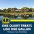 A large pond reflecting the landscape with bottom text: 4X Concentrated One Quart Treats Like One Gallon *Treats up to 1 acres, 4-6 feet deep.”. View Product Image