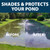 A pond split image; before shows an algae-covered pond, while after shows a clean blue pond. Top text: Shades & Protects Your Pond. View Product Image