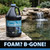 CrystalClear Foam-B-Gone gallon bottle displayed on stone beside a backyard pond and waterfall with the promotional message Foam? B-Gone! View Product Image