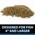 A pile of fish food with text: “Designed for fish 4” and larger” View Product Image