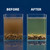Before-and-after comparison of two clear pond water tanks, showing murky brown water before aeration and clearer green water after treatment. View Product Image