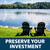Two Adirondack chairs set next to a large, tree-lined lakeside, with text: “Preserve your investment”. View Product Image