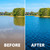 Split image showing pond water before and after dye application, highlighting darker blue water appearance after treatment. View Product Image