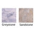 Available in two finishes: 'Greystone' on the left, a cool-toned gray with subtle veining, and 'Sandstone' on the right, a warm, tan-toned rock surface with natural texture. View Product Image