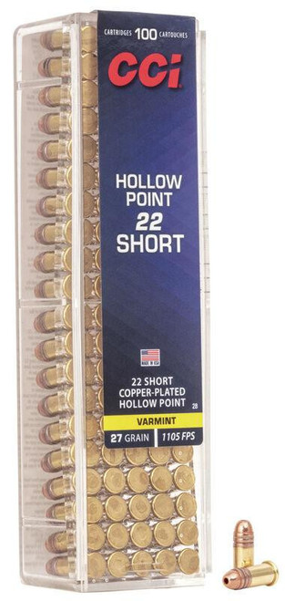 CCI Short Hollow Point Rimfire Ammunition .22 Short 27 gr CPHP 1105 fps 5000/ct Case (50-100/ct Boxes)