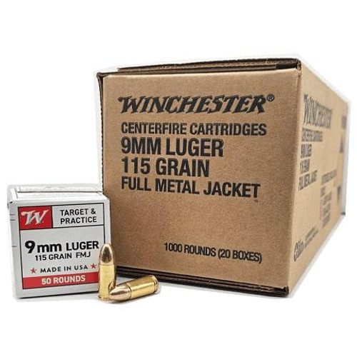 Winchester USA Target & Practice Handgun Ammunition 9mm Luger 115gr FMJ 1190 fps 1000/ct Case (20-50/ct Boxes)