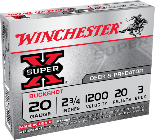 Winchester Super X 20 Gauge Ammo 2-3/4" 3 Buck Shot 20 Pellets Box of 15 (10 Case)