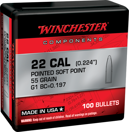 Winchester Bullets 22 cal .224" 55gr Pointed Soft Point 100/Box