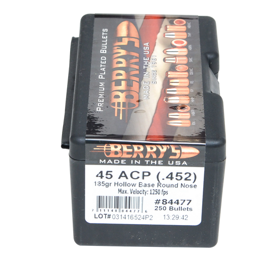 Berry's Preferred Plated Pistol Bullets .45 Caliber (.452 Diameter) 185 Grain HBRN Box of 250 Berry's Preferred Plated Pistol Bullets .45 Caliber (.452 Diameter) 185 Grain HBRN Box of 250