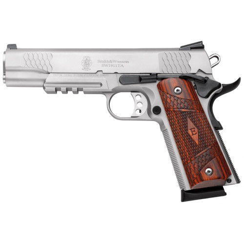Smith & Wesson SW1911TA .45 ACP Pistol 5" Barrel 8+1 Round Satin Stainless Steel Frame Wooden Laminate E-Series Grip - Image 1