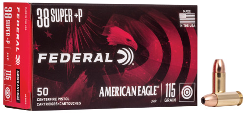 Federal American Eagle 38 Super +P Ammo 115 Grain Jacketed Hollow Point Box of 50