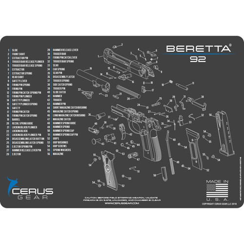 Cerus Gear Beretta 92 Schematic Gun Cleaning Mat Charcoal Gray/Cerus Blue 12" x 17"