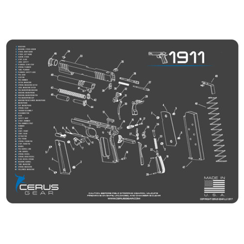 Cerus Gear 1911 Schematic Handgun Cleaning Mat Charcoal Gray-Cerus Blue 12" x 17"