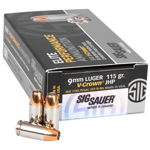 Sig Sauer 9mm Ammo 115 Grain Jacketed Hollow Point Box of 50 Sig Sauer 9mm Ammo 115 Grain Jacketed Hollow Point Box of 50
