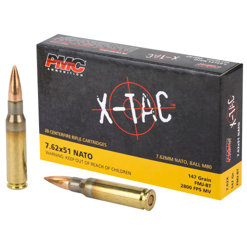 PMC Ammunition XTAC 7.62x51 NATO Ammo 147 Grain Full Metal Jacket Boat Tail Box of 20