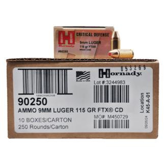 Hornady Critical Defense 9mm Luger Ammo 115 Grain FTX Polymer Tip Box of 250 Case