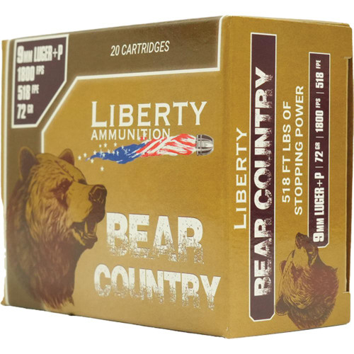 Liberty Ammunition Bear Country 9mm Luger +P Ammo 72 Grain Solid Box of 20