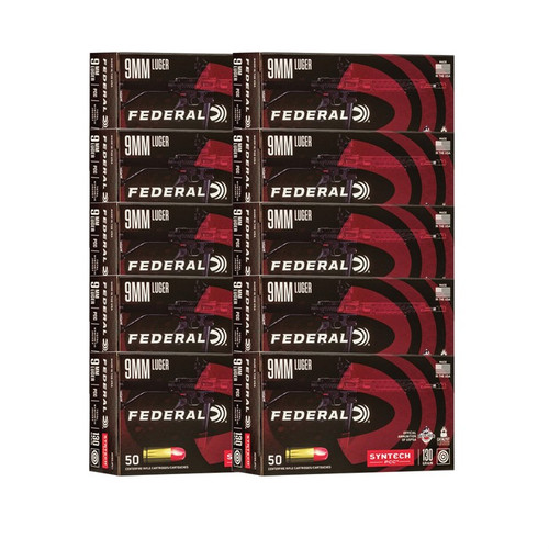 Federal Syntech 9mm Luger Ammo 130 Grain Total Synthetic Jacket Flat Nose Box of 500 Bulk