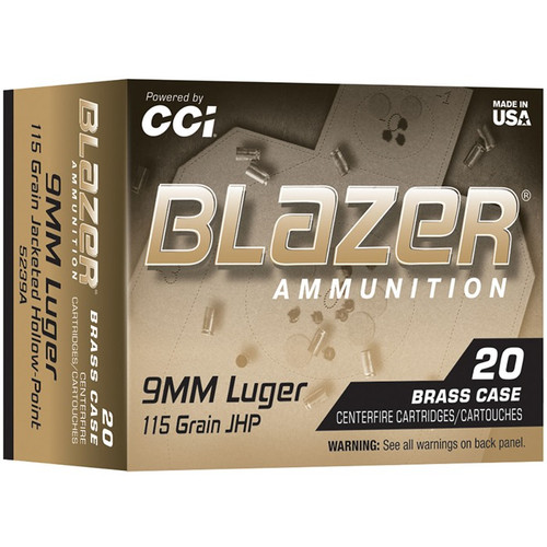 CCI Blazer Brass 9mm Luger Ammo 115 Grain Jacketed Hollow Point Box of 20
