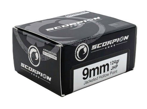 Scorpion Ammo 9mm Luger Ammo 124 Grain Jacketed Hollow Point Box of 20
