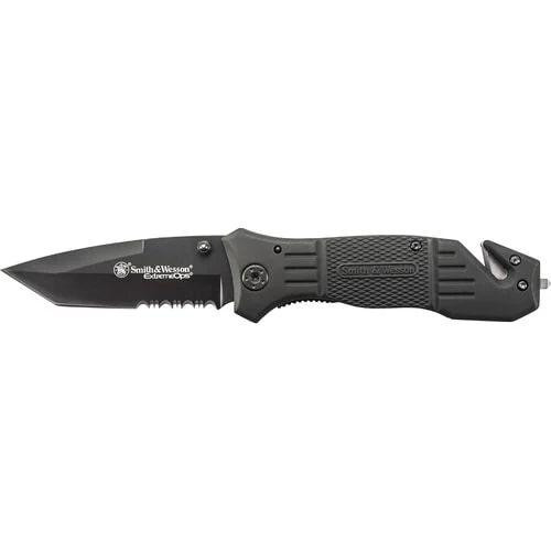 Smith & Wesson Extreme Ops Pocket Knife 3.3" Tanto Point 7Cr17 High Carbon Stainless Steel Blade with Belt Cutter Alminum Handle Black