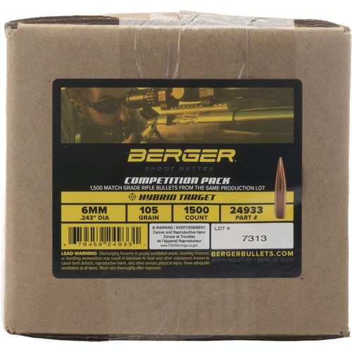 Berger 6mm 105 Grain Hybrid Target Boat Tail Box of 1500