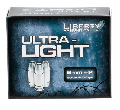 Liberty Ammunition Ultra Light 9mm +P Ammo 50 Grain Hollow Point Box of 20