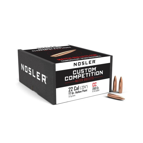 Nosler Custom Competition Bullets 22 Caliber (224 Diameter) 77 Grain Hollow Point Boat Tail Box of 250
