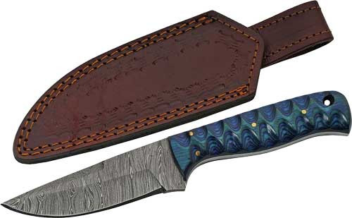 SZCO Rite Edge Wood Hunter Fixed Blade Knife 4" Damascus Blue Twisted