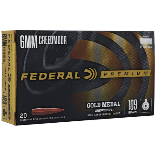 Federal Premium Gold Medal 6mm Creedmoor Ammo 109 Grain Berger Hybrid Target Jacketed Hollow Point Box of 20