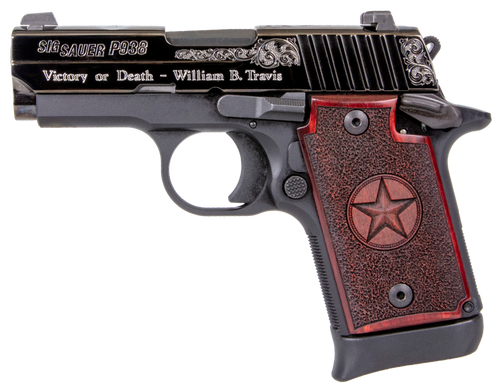 Sig Sauer P938 Texas Engraved 9mm Luger Pistol 3" Barrel 7+1 Round Black Aluminum Frame Black Nitron Stainless Steel Slide Redwood Grip