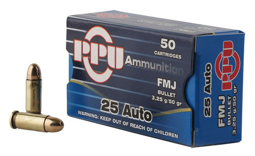PPU PPH25 Handgun 25 ACP 50 gr Full Metal Jacket (FMJ) 50 Bx