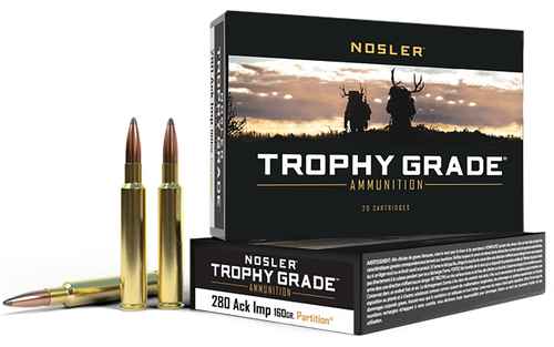 Nosler Trophy Grade 280 Remington Ackley Improved 40-Degree Shoulder Ammo 160 Grain Nosler Partition Jacketed Soft Point Box of 20