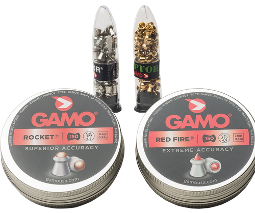 Gamo Air Gun Pellets 177 Caliber Combo 380PK (80PK 6.8 Grain PBA, 5.4 Grain PBA Armor, 7.8 Grain Red Fire, Tin of 50 9.6 Grain Rocket)
