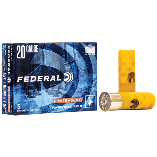 Federal Power-Shok Rifled Slug 20 Gauge 2-3/4" 3/4 oz Slug 1600 fps Box of 5