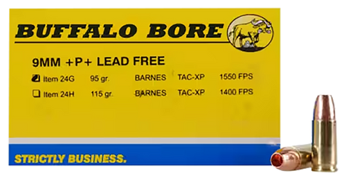 Buffalo Bore 9mm Luger +P+ Ammo 95 Grain Barnes TAC-XP Solid Hollow Point Lead Free Box of 20