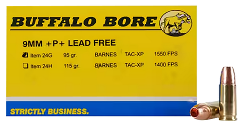 Buffalo Bore 9mm Luger +P+ Ammo 95 Grain Barnes TAC-XP Solid Hollow Point Lead Free Box of 20