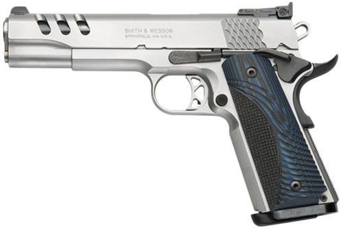 Smith & Wesson PC 1911 45 ACP Pistol 5" Barrel 9+1 Round Stainless Steel Slide Blue Grip Smith & Wesson PC 1911 45 ACP Pistol 5" Barrel 9+1 Round Stainless Steel Slide Blue Grip
