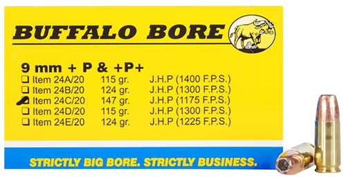 Buffalo Bore 9mm Luger +P+ Ammo 147 Grain Jacketed Hollow Point Box of 20