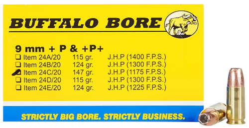 Buffalo Bore Ammunition 24C20 9mm Luger +P+ 147gr Jacketed Hollow Point 20/12