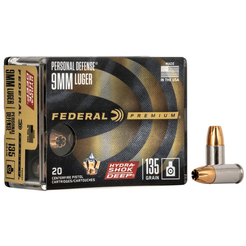 Federal Premium Hydra-Shok Deep 9mm Luger Ammo 135 Grain HP Box of 20