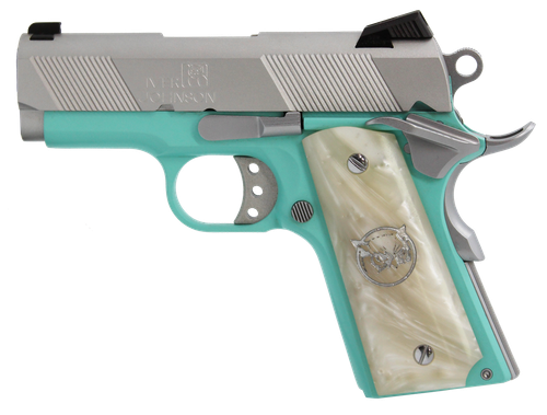 Oaks Wholesale Dist Iver Johnson Arms 1911 Thrasher Officer 9mm Luger Pistol 3.125" Barrel 8+1 Round Tiffany Blue Cerakote Frame Silver Cerakote Slide White Synthetic Pearl Grips
