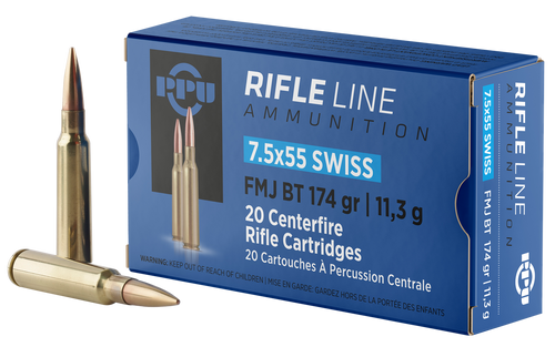 PPU 7.5mm Schmidt Rubin (7.5 x 55 Swiss) Ammo 174 Grain Full Metal Jacket Box of 20