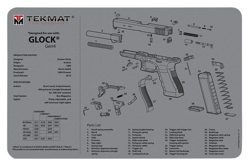 Tekmat Glock Gen4 Grey Armorer's Bench Mat 11x17 Inch